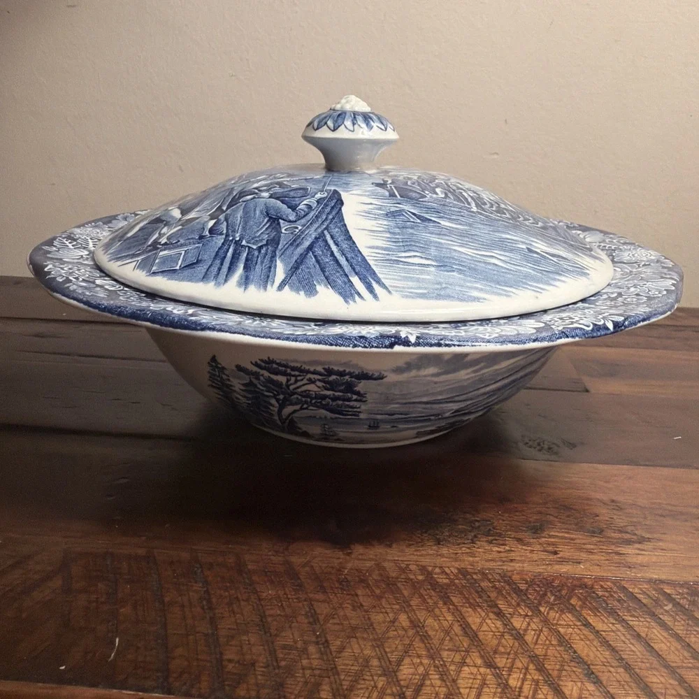 Liberty Blue Staffordshire China Serving Vegetable Bowl Lid Boston Tea Party